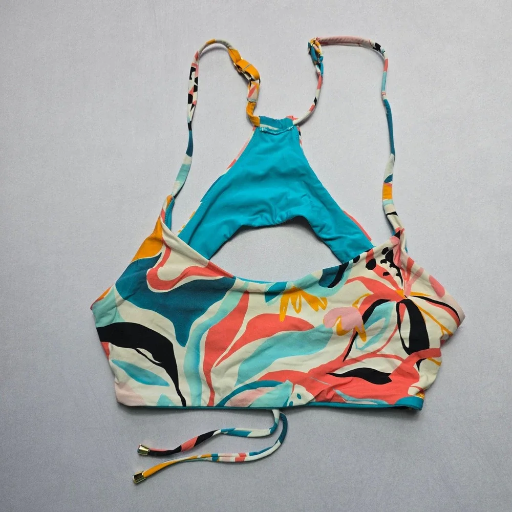 B Swim Blue Pull On Floral Swim Sports Bra Beach‎ Bralette Bikini Top L Large